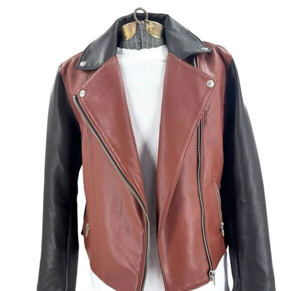 Blank NYC Jacket Two Tone Black and Brown Faux Leather Moto Jacket Zip Women's S - Picture 2 of 9